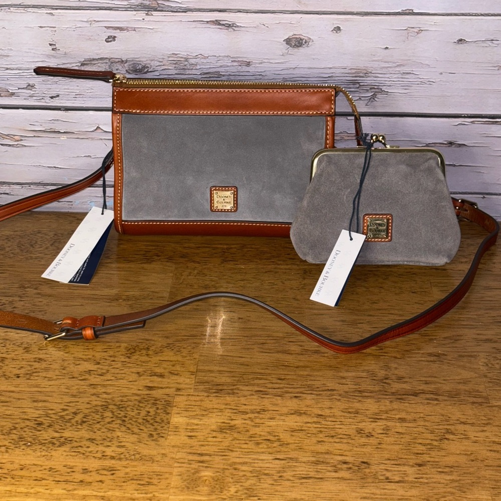 Dooney & Bourke suede crossbody/shoulder bag & gray suede kiss lock card holder.